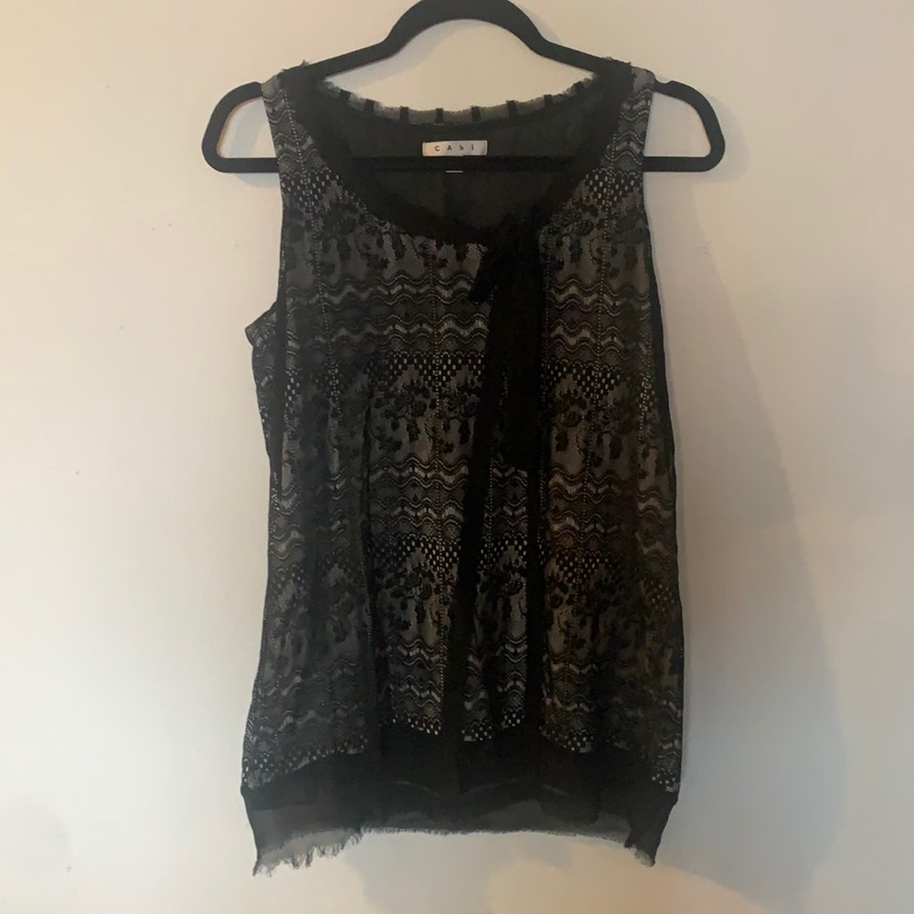 CAbi sleeveless black lace top.